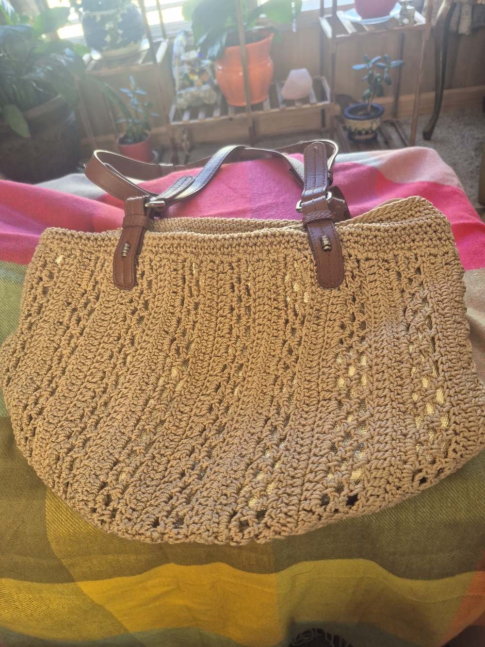 The Sak Beige Crochet "Sliverwood Shopper" with Brown Leather Handles